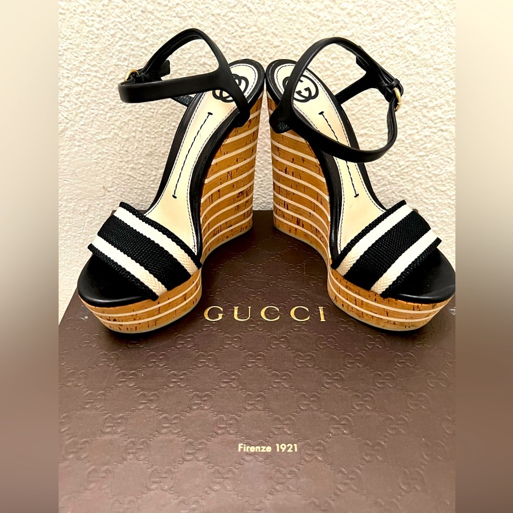 Gucci Black and Cream Wedge Sandals with Ankle Strap